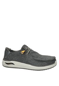 Gray fabric slip-on shoe with rounded shape, textured upper, elastic laces, yellow accent, and a white ArchFit sole for support.