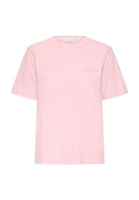 Helles rosa T-Shirt aus Baumwolle mit kurzen Ärmeln und Rundhalsausschnitt, mit kleinem, auf der linken Brust aufgedrucktem Text "IMPERFEKTION".