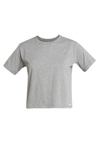 Grå bomull T-shirt med kortärmar, rund halsringning, avslappnad passform och en liten vit logotyp längst ner på vänster söm. Mjuk textur, avslappnad design.