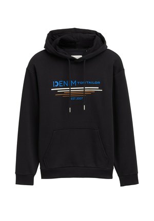 Črna kapuca z žepom v obliki kenguruja, vrvico okoli vratu in večbarvnim grafičnim besedilom z vodoravnimi črtami in "EST. 2007."