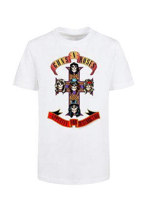 Weißes T-Shirt mit grafik eines bunten Kreuzes, das fünf Totenschädel mit bandtypischen Frisuren und dem Text "Guns N' Roses" sowie "Appetite for Destruction" zeigt.