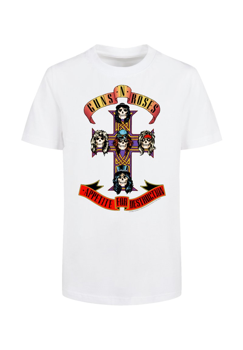 White t-shirt with a colorful cross graphic featuring five skulls with band-themed hairstyles and text "Guns N' Roses" and "Appetite for Destruction."