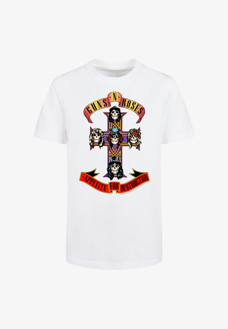 White t-shirt with a colorful cross graphic featuring five skulls with band-themed hairstyles and text "Guns N' Roses" and "Appetite for Destruction."