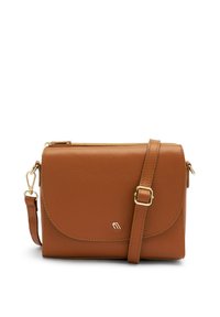 Borsa a tracolla in pelle marrone con chiusura a zip, tracolla regolabile e dettagli in hardware dorato. Presenta una superficie morbida e texture.