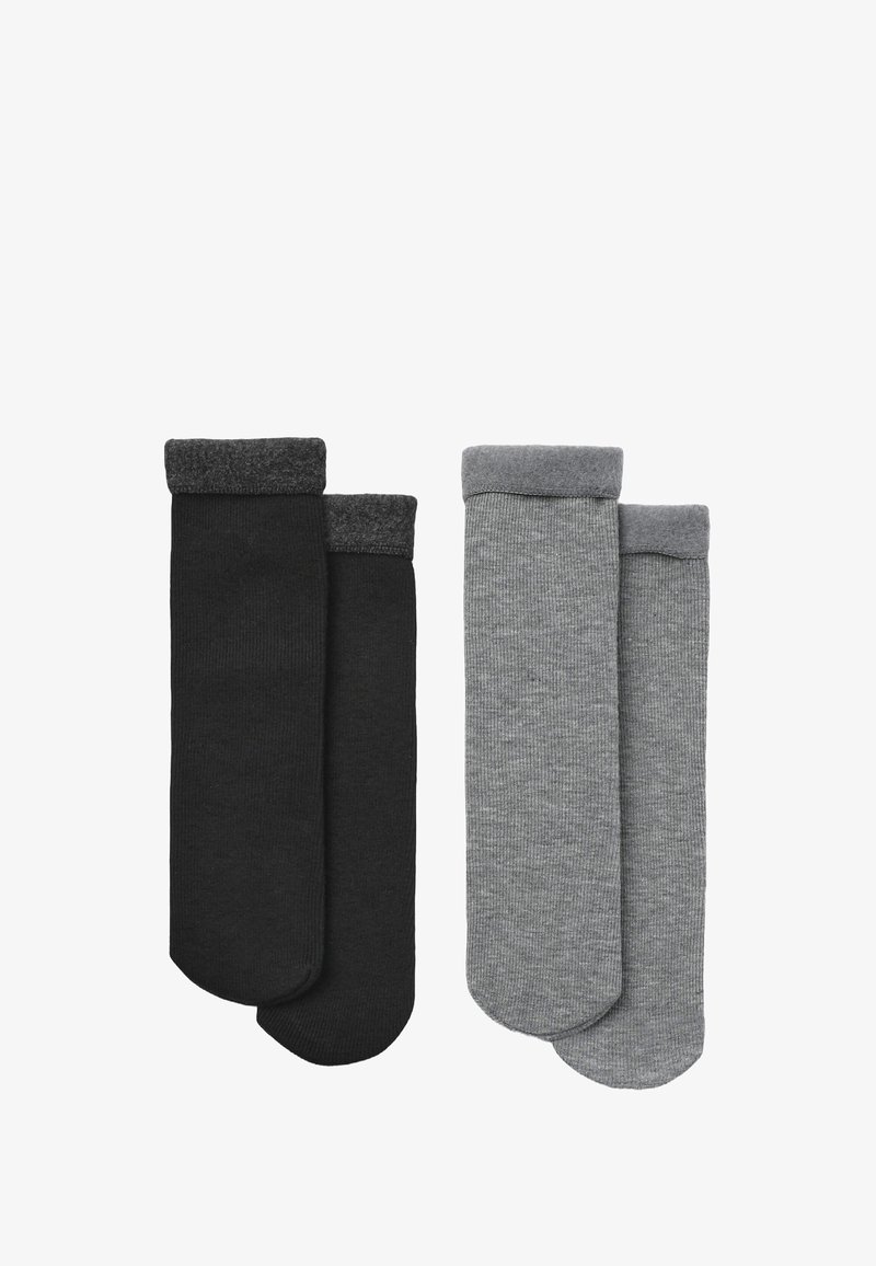Due paia di calzini alti fino al ginocchio: uno nero con una cuffia grigio scuro, l'altro grigio chiaro con una cuffia abbinata. Texture liscia, motivo a coste sul paio grigio.