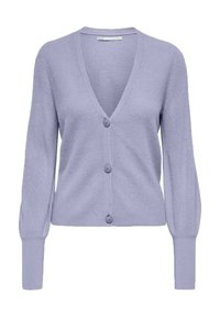 Ljus lavendelfärgad kofta med V-ringning, knappstängning, ribbat material och lång ärm. Har dekorativa knappar längs framsidan.