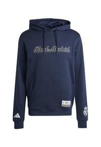 Mörkblå hoodie med snörning i huven, framficka i kängurustil, "Real Madrid" broderat i vitt och en liten logotyp på ärmen.