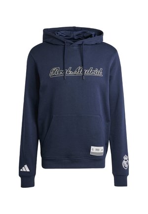 Navy blue hoodie with a drawstring hood, front kangaroo pocket, "Real Madrid" embroidered in white, and a small logo on the sleeve.