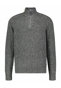 Grau gestrickter Pullover mit hohem Kragen, Reißverschluss, strukturiertem Finish und gerippten Bündchen. Verfügt über ein dezentes, gesprenkeltes Muster.