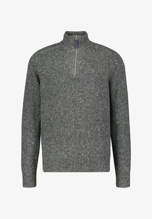 Grau gestrickter Pullover mit hohem Kragen, Reißverschluss, strukturiertem Finish und gerippten Bündchen. Verfügt über ein dezentes, gesprenkeltes Muster.