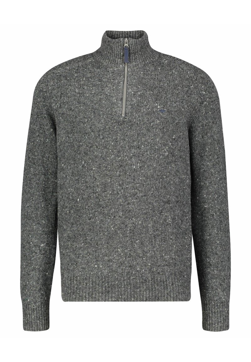 Grau gestrickter Pullover mit hohem Kragen, Reißverschluss, strukturiertem Finish und gerippten Bündchen. Verfügt über ein dezentes, gesprenkeltes Muster.
