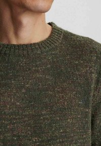 Maglione lavorato a maglia di colore verde oliva con colletto rotondo a costine. La trama è ruvida e presenta sottili granelli multicolori in tutto il tessuto.