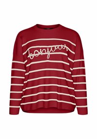 Pull rouge à manches longues avec des rayures horizontales blanches et un graphisme "bonjour" en écriture cursive sur le devant. Tissu doux avec une coupe décontractée.