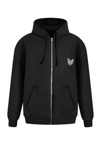 Sweat à capuche noir zippé avec poches avant, capuche à cordon et petit motif papillon blanc sur la poitrine gauche.