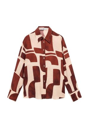 Lange mouwen shirt in crèmekleur en bruin met een geometrisch patroon. Voorzien van een puntige kraag en knopen voor sluiting. Glad, lichtgewicht stof.
