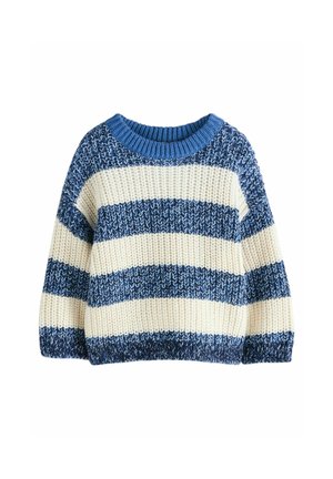 Pull en tricot avec de larges rayures bleu et crème, doté d'un col rond côtelé et d'une coupe loose. Le tissu texturé apporte un intérêt visuel.