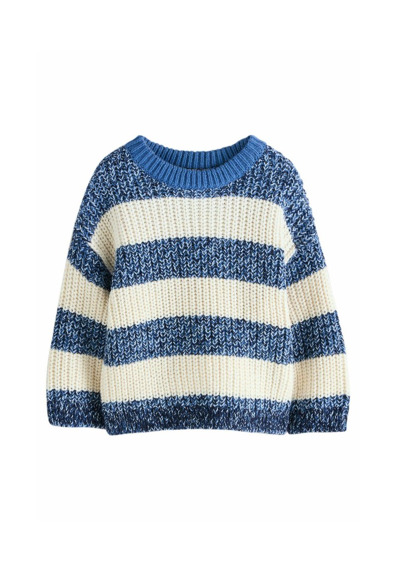Pull en tricot avec de larges rayures bleu et crème, doté d'un col rond côtelé et d'une coupe loose. Le tissu texturé apporte un intérêt visuel.
