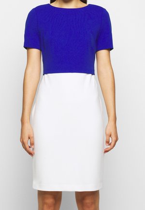 Korte mouw jurk met een blauwe top en een witte onderkant, met een getailleerde silhouet en een soepel, rekbaar stof. Eenvoudige ronde halslijn.