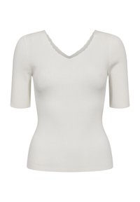 Haut blanc en tricot côtelé à manches courtes, col en V festonné et silhouette ajustée.