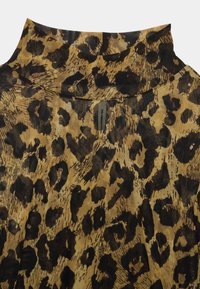 Leopard print fabric with a mix of black and brown tones. The material has a sheer texture, featuring a high collar and fluid drape.