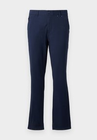 Navy blue trousers made from lightweight fabric, featuring a straight leg design, front pockets, and a button closure at the waist.