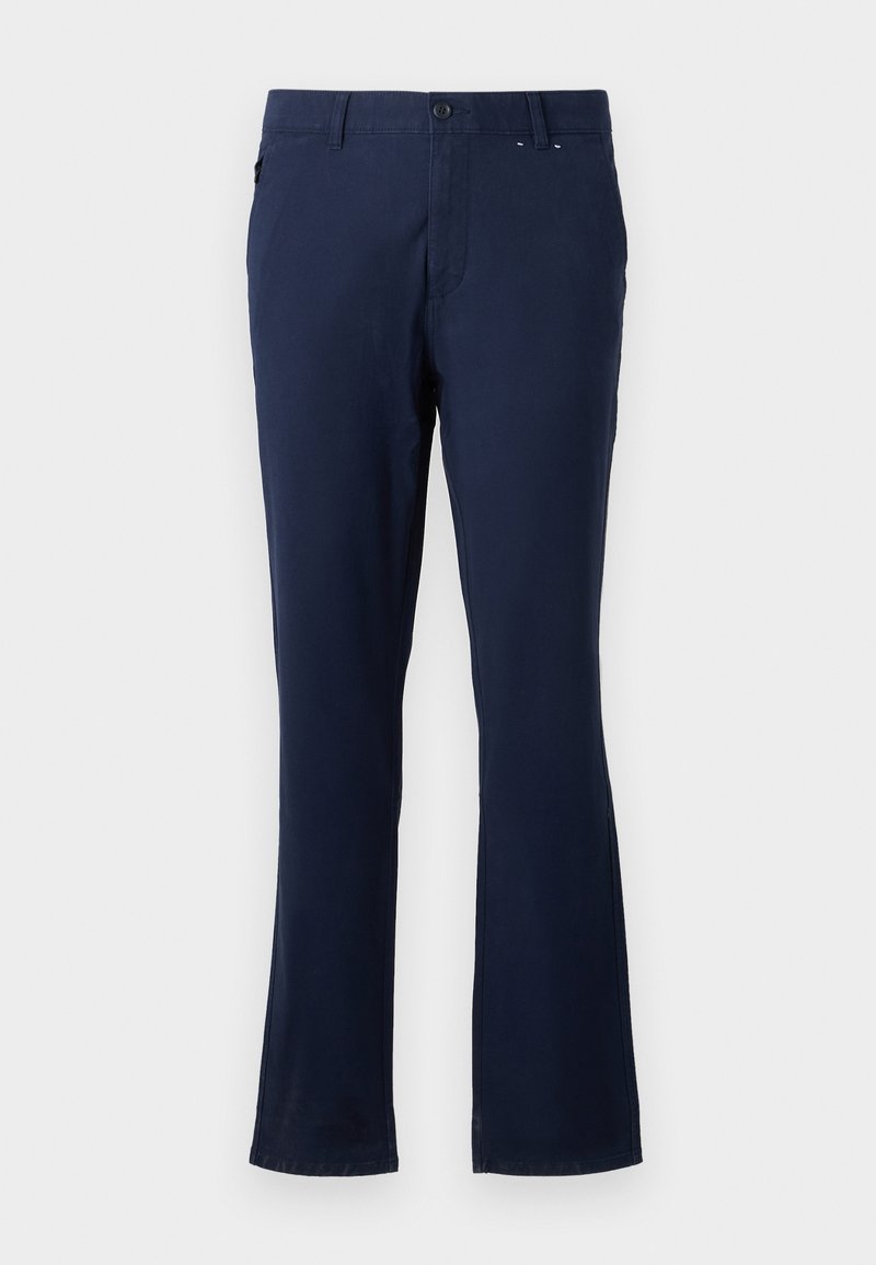 Pantalon bleu marine en tissu léger, avec une coupe droite, des poches latérales et une fermeture à bouton à la taille.