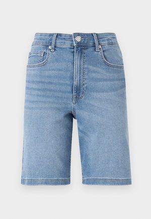 Lichtblauwe denimshorts met een rechte snit, vijfzakkenontwerp en metalen knoopsluiting. Zachte textuur met lichte vervaging.