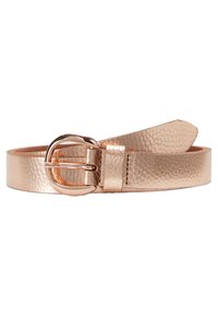 Metallic rose gold belt with a textured finish, featuring a silver-tone buckle and a sleek, slender design. Accented with a leather strap.