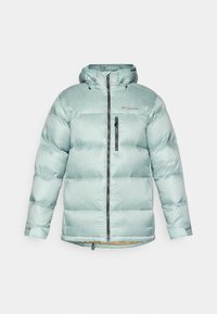 Light blue puffer jacket with a hood, featuring a front zipper and a side pocket. Smooth texture with quilted pattern for insulation.