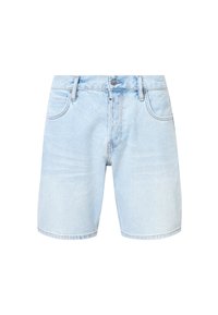 Shorts in denim azzurro chiaro con una vestibilità rilassata, dotati di cinque tasche, chiusura con bottone e orlo leggermente sfilacciato. Texture liscia.