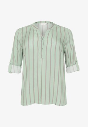 Mintgrön blus med vertikala grå ränder, knäppning framtill och uppvikt ärm. Tillverkad av lätt och mjukt tyg.