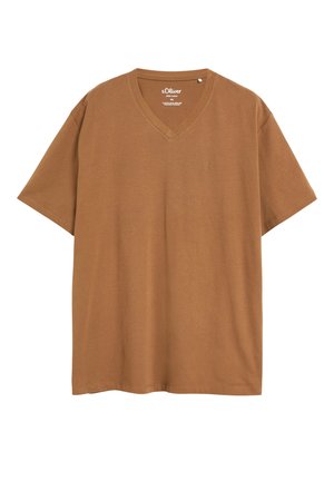 Brązowy bawełniany t-shirt z krótkim rękawem i dekoltem w serek, z subtelnym haftowanym logo na piersi, oznaczony jako s.Oliver, ułożony na płasko na białym tle.
