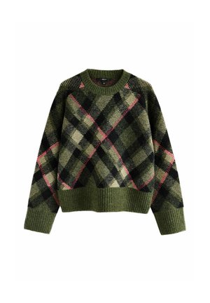 Grüner Strickpullover mit großem schwarz-pinkem Karomuster sowie gerippten Bündchen, Saum und Rundhalsausschnitt.