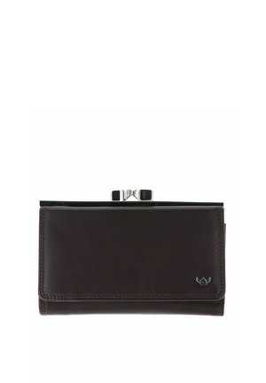 Portefeuille en cuir marron foncé avec fermeture à pince métallique et petit emblème ailé en bas à droite sur le devant.