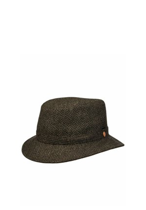 Dark brown herringbone patterned fedora hat with a short brim and band detail, showing a small round metallic emblem on the side.