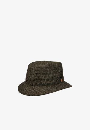 Dark brown herringbone patterned fedora hat with a short brim and band detail, showing a small round metallic emblem on the side.