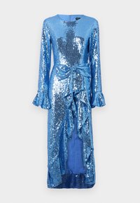 Plava haljina sa sequinsima, dugim rukavima, detaljima s volanima na rukavima i bočnim vezanjem. Ima glatku unutarnju podstavu i visoki prorez.