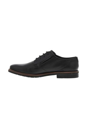 Black leather men's dress shoe with lace-up closure, brown trim on sole, and low stacked heel, shown in side profile.