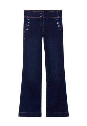 Dunkelblaue ausgestellte Jeans aus Denim, mit vorderen Knöpfen und kontrastierenden orangen Nähten. Glatte Textur mit klassischem Design.