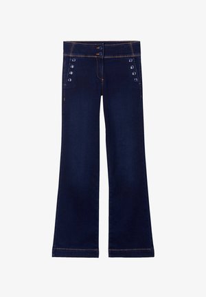 Donkerblauwe uitlopende jeans van denim, met voorste knopen en contrasterende oranje stiksels. Soepele textuur met een klassiek ontwerp.