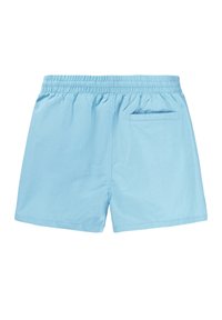 Gaiši zili peldbikses ar elastīgu jostu un vienu aizmugures kabatu. Audums izskatās gluds ar vieglu tekstūru.