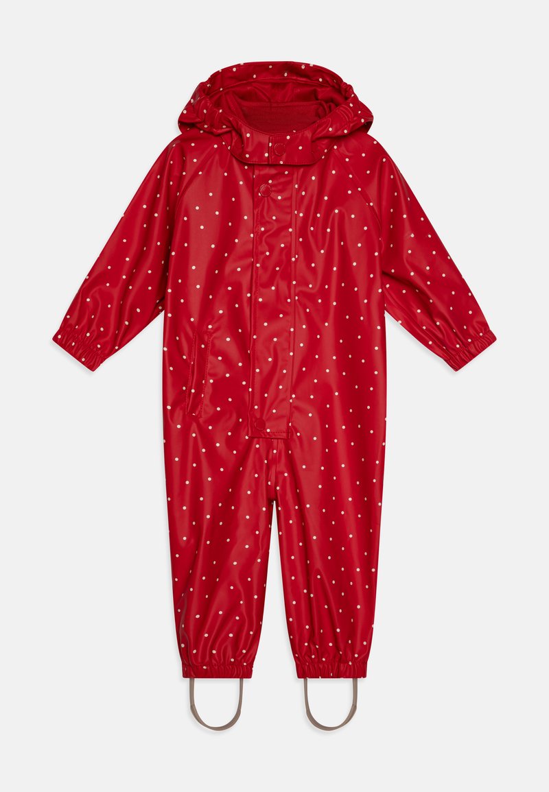 Mono impermeable rojo con lunares blancos, mangas largas, puños elásticos y capucha. Presenta cierre a presión y dos bolsillos laterales.