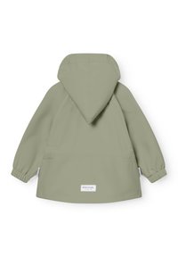 Ελαφρύ παιδικό μπουφάν σε ελιά-πράσινο χρώμα με κουκούλα, ελαστικά μανίκια και ετικέτα Mini A Ture στη φάσα πίσω.