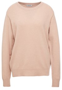 Pull en tricot rose clair, encolure ronde, manches longues, poignets et ourlet côtelés, texture douce, coupe ample, sans motifs ni accessoires visibles.