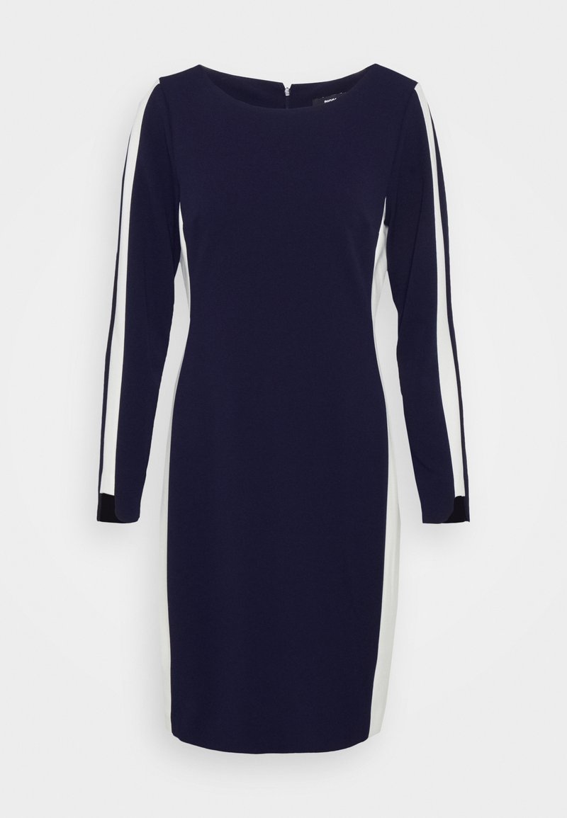 Navy blue dress with long sleeves, featuring white side stripes, a round neckline, and a back zipper detail. Smooth fabric and fitted shape.