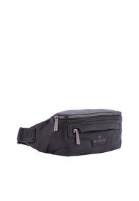 Borsa a vita nera realizzata in materiale sintetico testurizzato, con due cerniere, una tasca frontale e un logo del marchio sul lato.