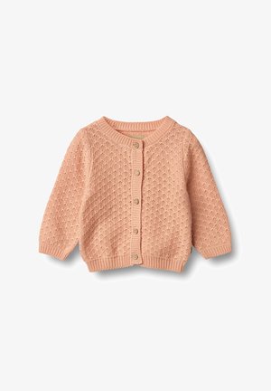 Bledě růžový pletený cardigan s texturovaným vzorem, kulatým výstřihem a pěti knoflíky. Má dlouhé rukávy a ribbované manžety a lem.