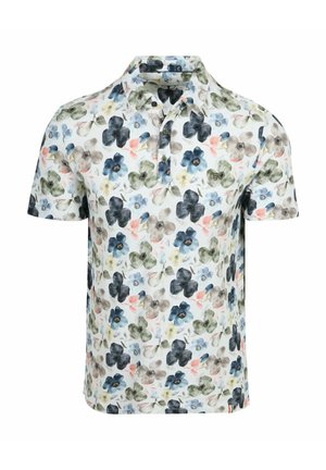 Witte polo met korte mouwen en een kraag met knopen, voorzien van een meerkleurig bloemmotief in blauw, groen, beige en koraalkleuren.