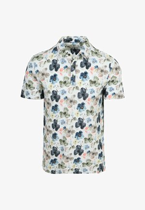 Weißes Polo mit kurzen Ärmeln und einem knöpfbaren Kragen, mit einem mehrfarbigen Blumenmuster in Blau-, Grün-, Beige- und Koralltönen.