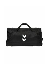 Sort duffel taske med to top-hanke, rektangulær form, glat tekstur og et hvidt chevron-logo design på forsiden.